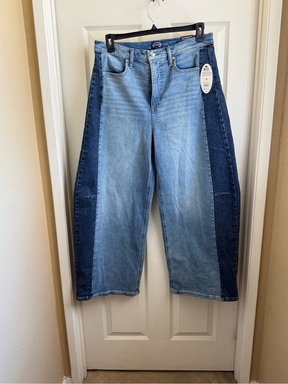 Two-Tone Light & Dark Blue Patchwork Wide Leg Jeans - Women